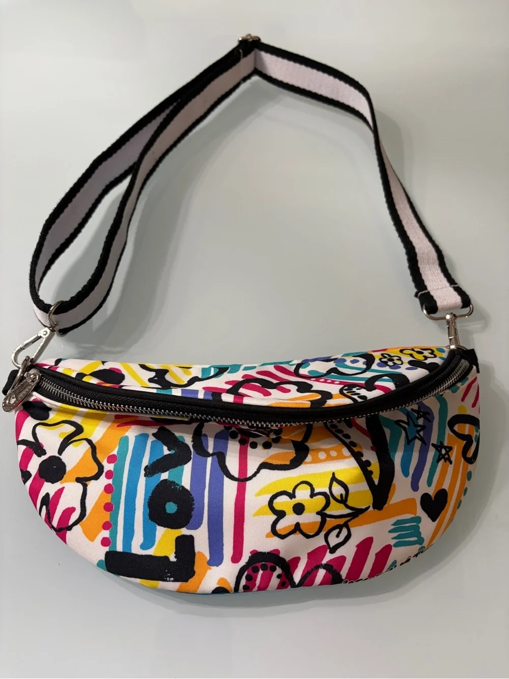 Multicolor Graphic Floral Crossbody Bag with Striped Strap